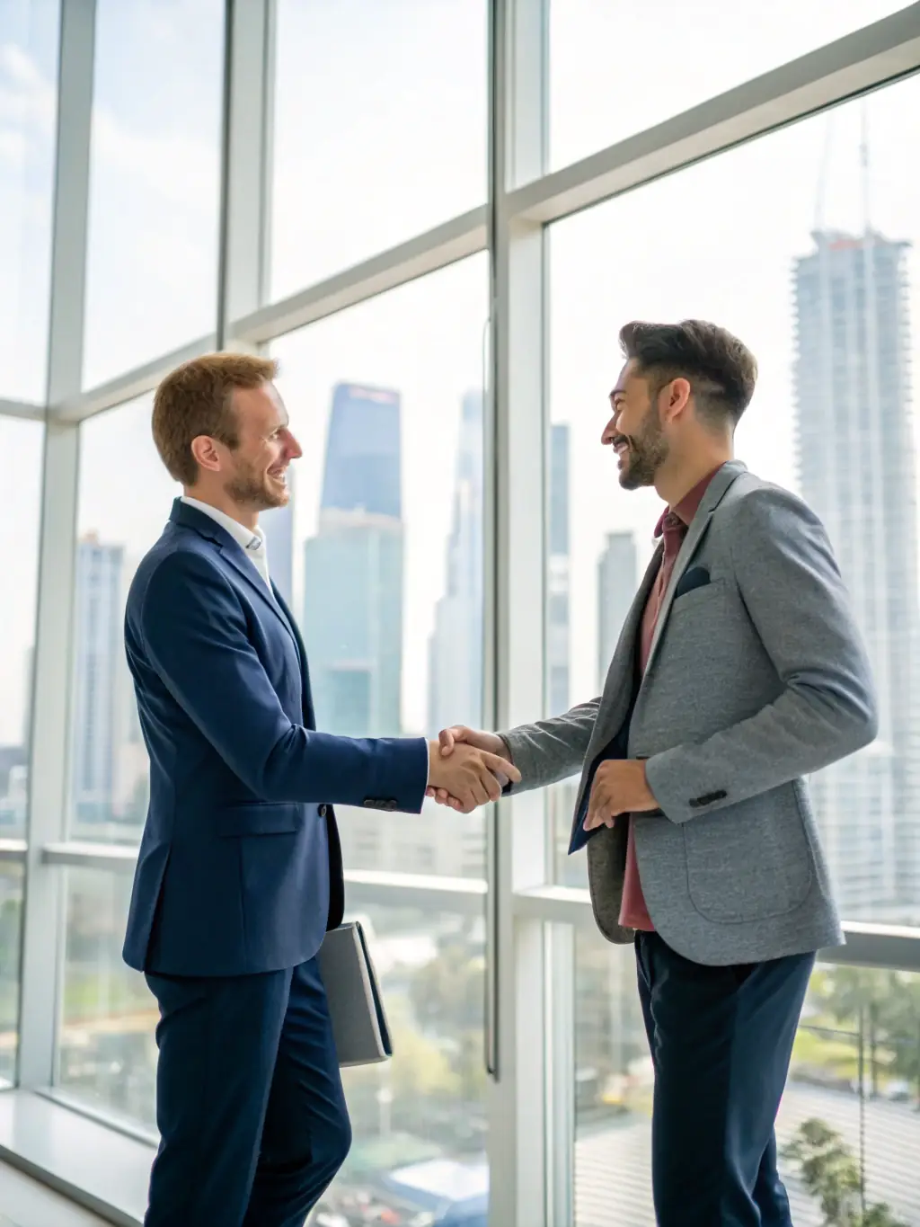 A professional businessman in a suit shaking hands with a businesswoman in a modern office setting, symbolizing a successful import/export deal facilitated by Ajax Brasil.