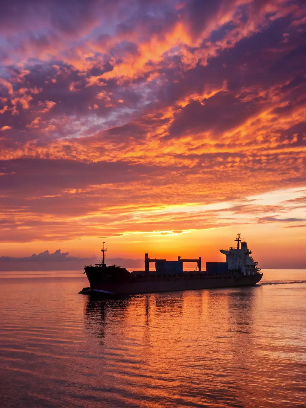 A cargo ship at sunset, loaded with containers, representing the global reach and efficiency of Ajax Brasil's export services.